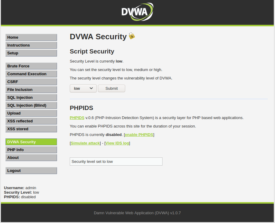 DVWA Security Page